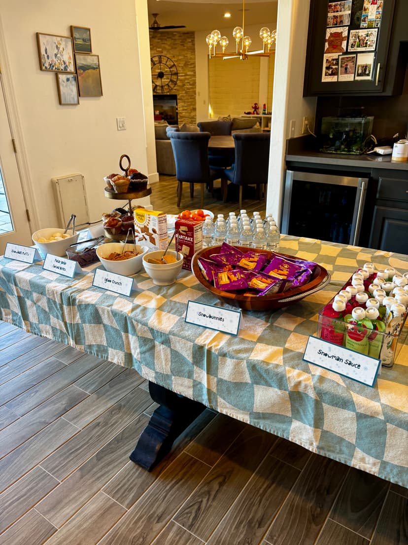 Themed snack table setup at Winter Wonderland playdate
